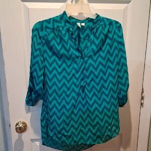 Tacera Blue Graphic Blouse with Cuffed Sleeves
